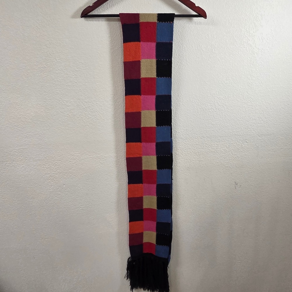 Vintage Style Multicolor Colorblock Patchwork Knit Extra Long Scarf with Fringe